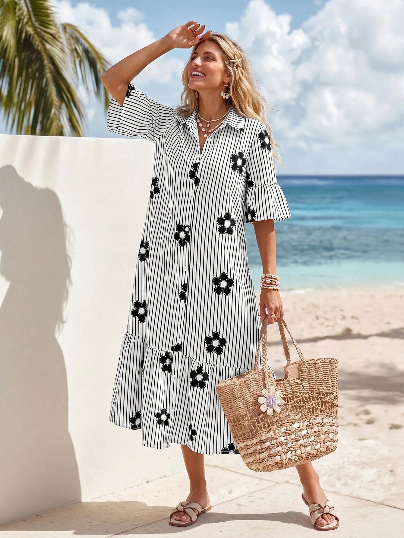Sylviya Women's Casual Sexy Breezy European Boho Summer Open Front 3/4 Sleeve Dress For Vacation Beach Holiday Black And White Floral Outfits
