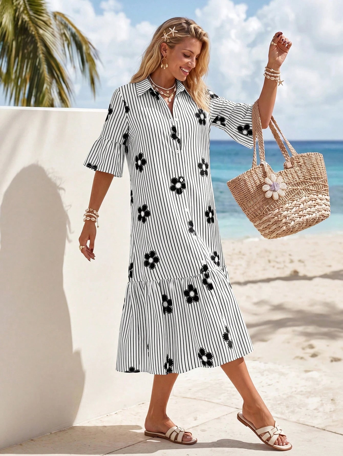 Sylviya Women's Casual Sexy Breezy European Boho Summer Open Front 3/4 Sleeve Dress For Vacation Beach Holiday Black And White Floral Outfits