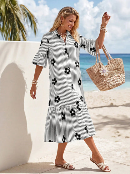 Sylviya Women's Casual Sexy Breezy European Boho Summer Open Front 3/4 Sleeve Dress For Vacation Beach Holiday Black And White Floral Outfits