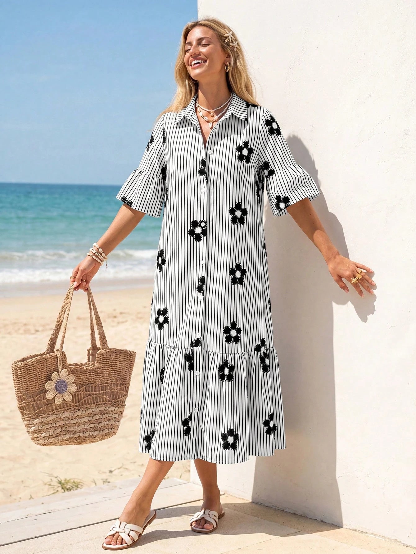 Sylviya Women's Casual Sexy Breezy European Boho Summer Open Front 3/4 Sleeve Dress For Vacation Beach Holiday Black And White Floral Outfits