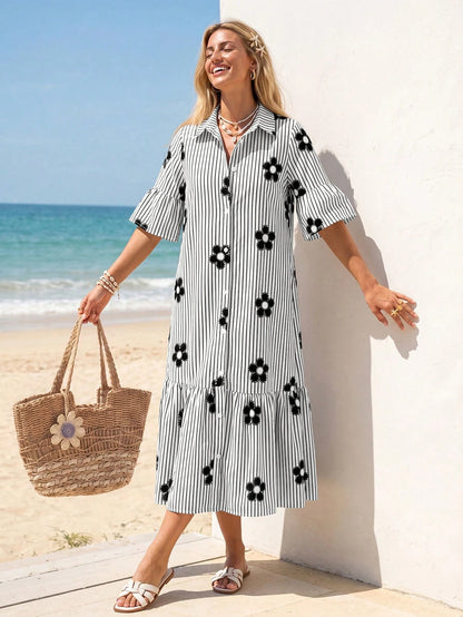 Sylviya Women's Casual Sexy Breezy European Boho Summer Open Front 3/4 Sleeve Dress For Vacation Beach Holiday Black And White Floral Outfits