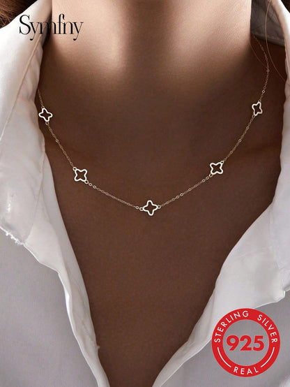 SYMFNY 1pc Stylish And Charming 925 Silver Hollow Clover Necklace, Suitable For Women's Daily, Festival Gifts, Party Accessories, Attractive Jewelry