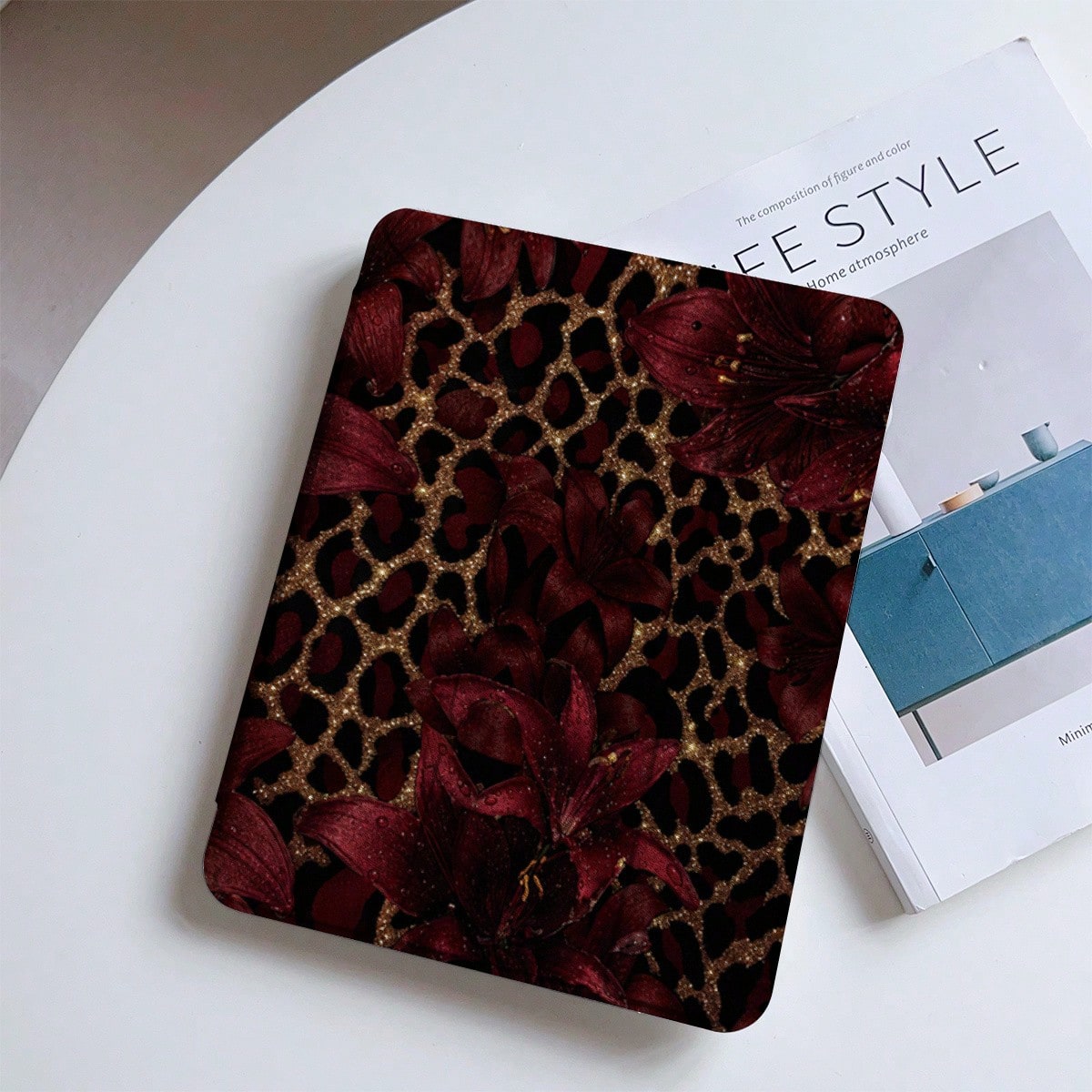Tablet Case Burgundy Lily Leopard Pattern For 2026 New For Ipad Pro 13 M4/11 M2/Air M4 7 6/10Th 9Th Gen/Mini 7 6, Tablet Cover, Retro Wild Aesthetic, Durable Hard Shell, Scratch Resistant, Gift & Pers