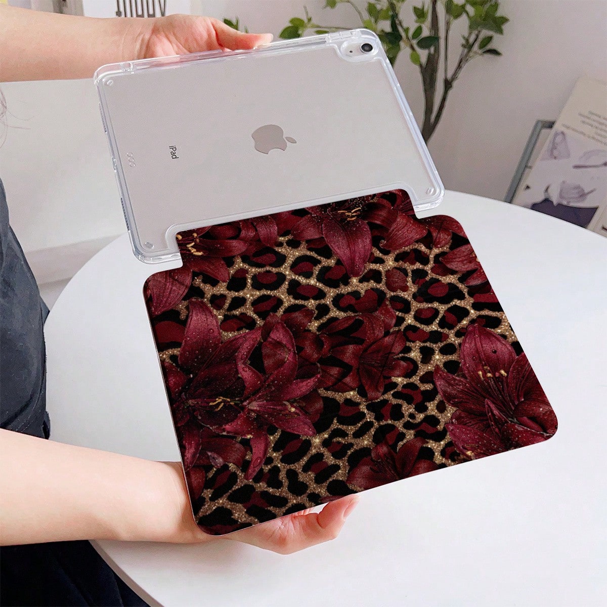 Tablet Case Burgundy Lily Leopard Pattern For 2026 New For Ipad Pro 13 M4/11 M2/Air M4 7 6/10Th 9Th Gen/Mini 7 6, Tablet Cover, Retro Wild Aesthetic, Durable Hard Shell, Scratch Resistant, Gift & Pers