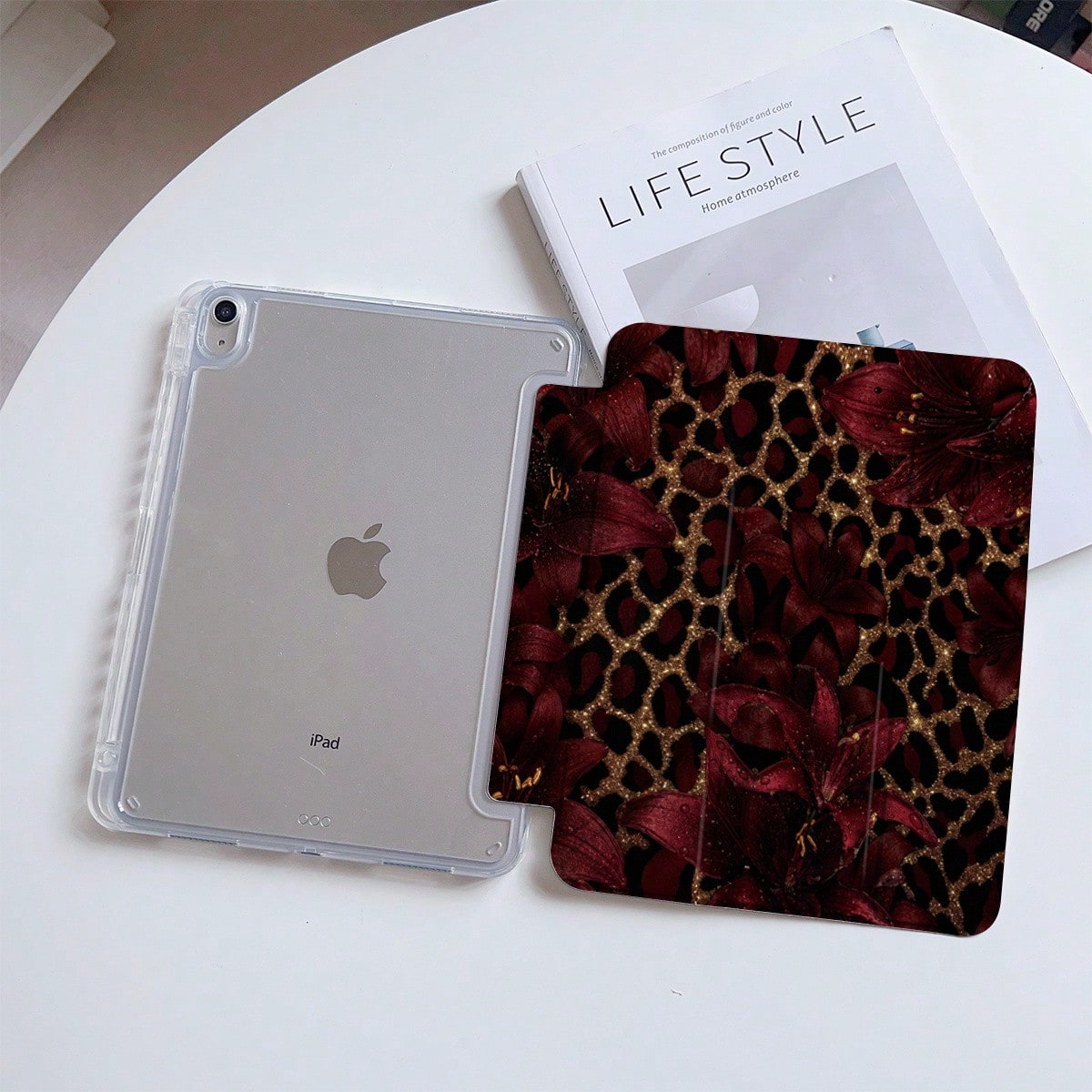 Tablet Case Burgundy Lily Leopard Pattern For 2026 New For Ipad Pro 13 M4/11 M2/Air M4 7 6/10Th 9Th Gen/Mini 7 6, Tablet Cover, Retro Wild Aesthetic, Durable Hard Shell, Scratch Resistant, Gift & Pers