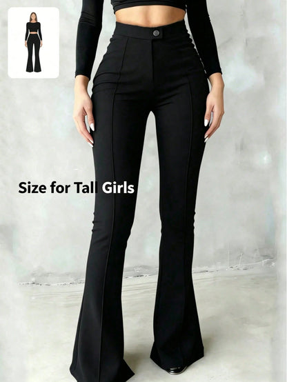 Tall Girls High Waist Black Flare Pants, Front Seam Detail, Button Closure, Suitable For Casual And Formal Occasions, Stretch Fabric, For Women