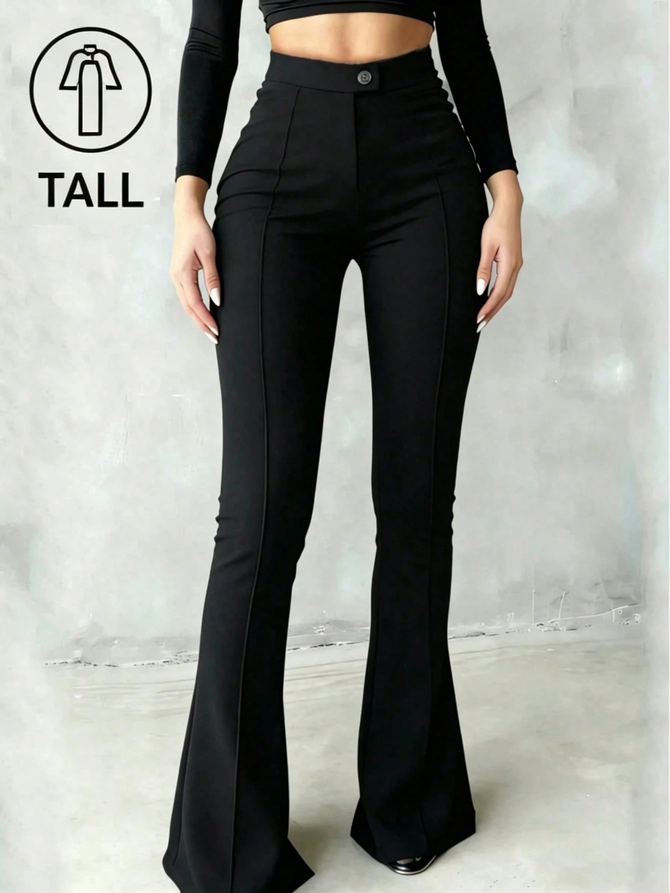 Tall Girls High Waist Black Flare Pants, Front Seam Detail, Button Closure, Suitable For Casual And Formal Occasions, Stretch Fabric, For Women