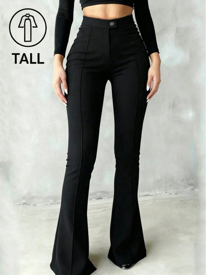 Tall Girls High Waist Black Flare Pants, Front Seam Detail, Button Closure, Suitable For Casual And Formal Occasions, Stretch Fabric, For Women
