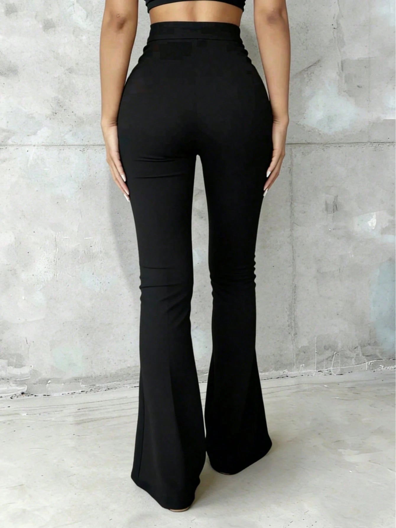 Tall Girls High Waist Black Flare Pants, Front Seam Detail, Button Closure, Suitable For Casual And Formal Occasions, Stretch Fabric, For Women