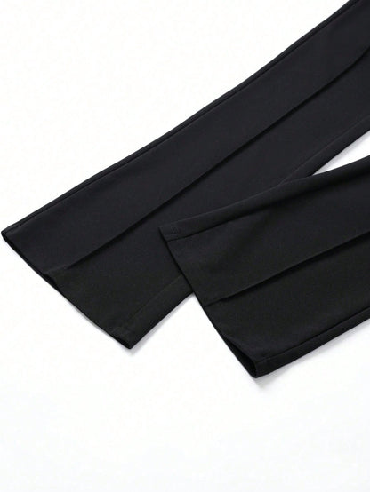 Tall Girls High Waist Black Flare Pants, Front Seam Detail, Button Closure, Suitable For Casual And Formal Occasions, Stretch Fabric, For Women