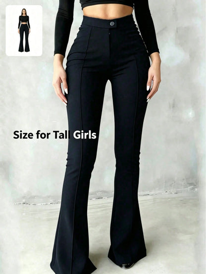 Tall Girls High Waist Black Flare Pants, Front Seam Detail, Button Closure, Suitable For Casual And Formal Occasions, Stretch Fabric, For Women