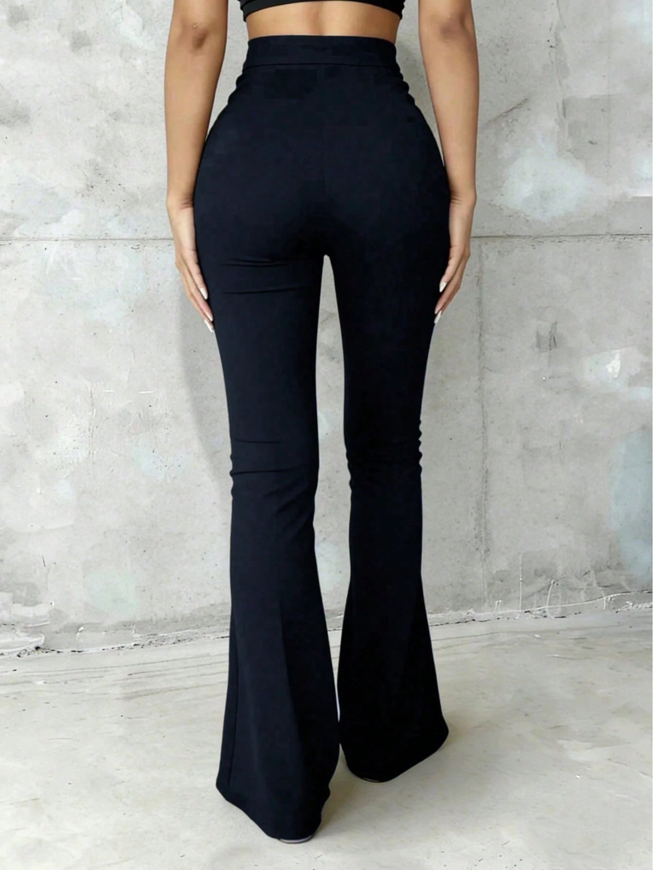 Tall Girls High Waist Black Flare Pants, Front Seam Detail, Button Closure, Suitable For Casual And Formal Occasions, Stretch Fabric, For Women