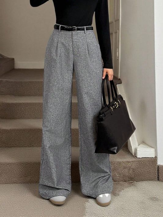 Tall Teacher Women Grey Winter Elegant Work Office Trousers, High Waisted Fold Pleated Wide Leg Pants With Pockets, Business Professional Loose Baggy Bottoms, Tall Women