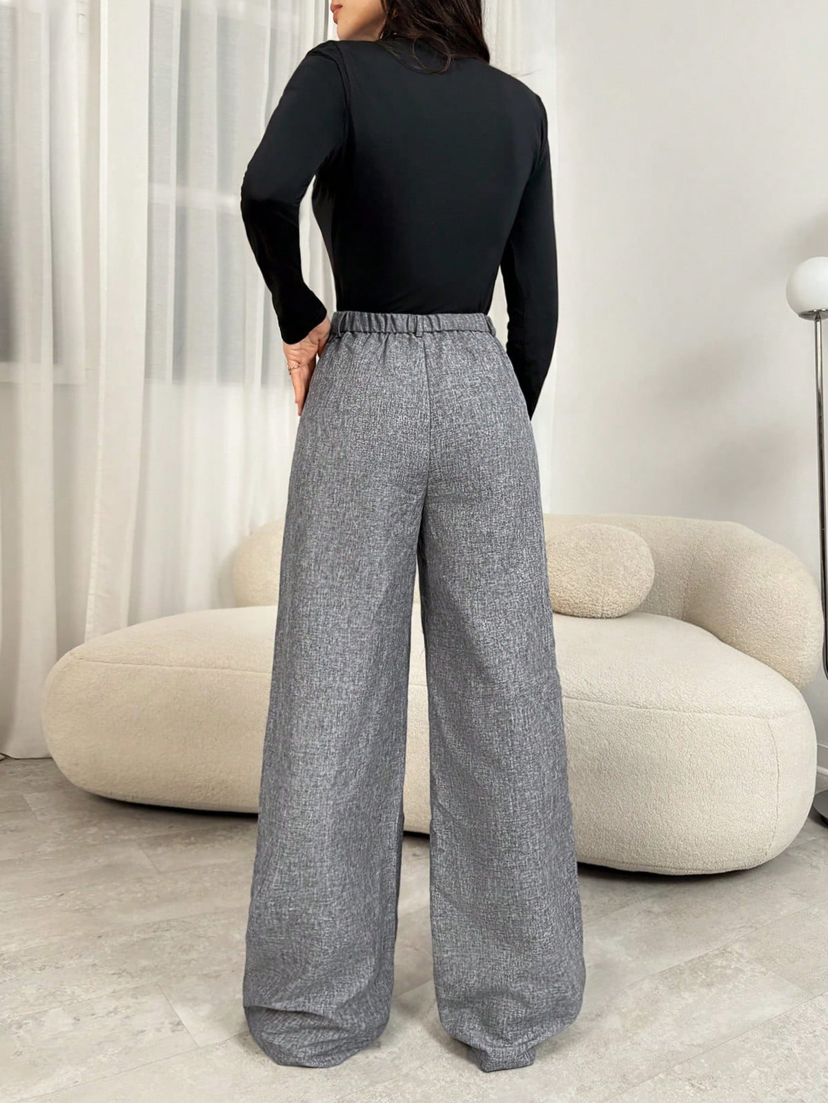 Tall Teacher Women Grey Winter Elegant Work Office Trousers, High Waisted Fold Pleated Wide Leg Pants With Pockets, Business Professional Loose Baggy Bottoms, Tall Women