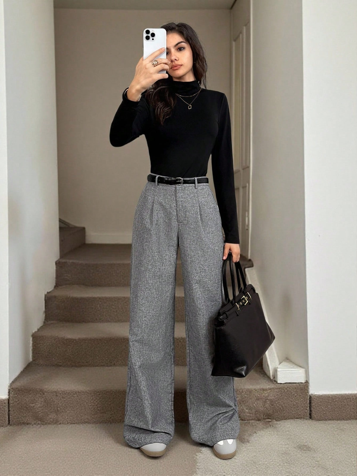 Tall Teacher Women Grey Winter Elegant Work Office Trousers, High Waisted Fold Pleated Wide Leg Pants With Pockets, Business Professional Loose Baggy Bottoms, Tall Women