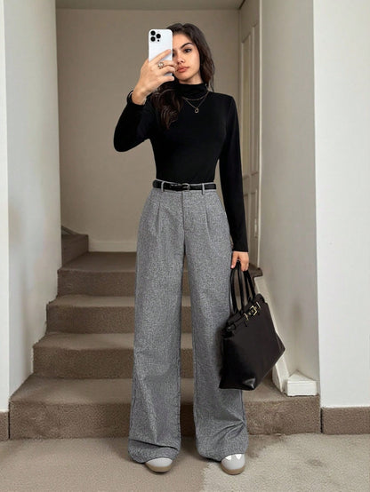 Tall Teacher Women Grey Winter Elegant Work Office Trousers, High Waisted Fold Pleated Wide Leg Pants With Pockets, Business Professional Loose Baggy Bottoms, Tall Women