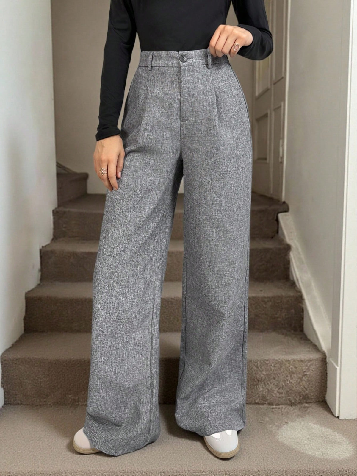 Tall Teacher Women Grey Winter Elegant Work Office Trousers, High Waisted Fold Pleated Wide Leg Pants With Pockets, Business Professional Loose Baggy Bottoms, Tall Women