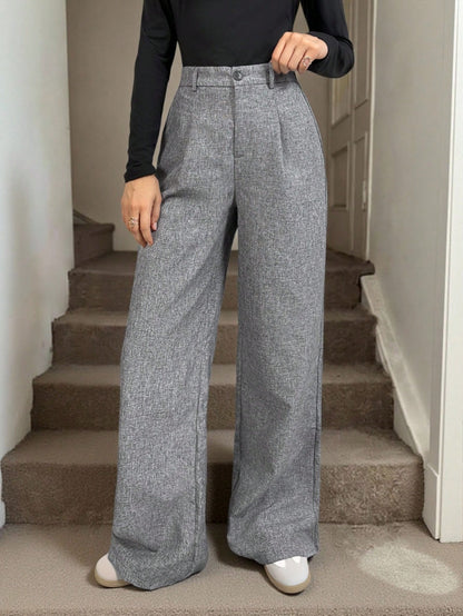 Tall Teacher Women Grey Winter Elegant Work Office Trousers, High Waisted Fold Pleated Wide Leg Pants With Pockets, Business Professional Loose Baggy Bottoms, Tall Women