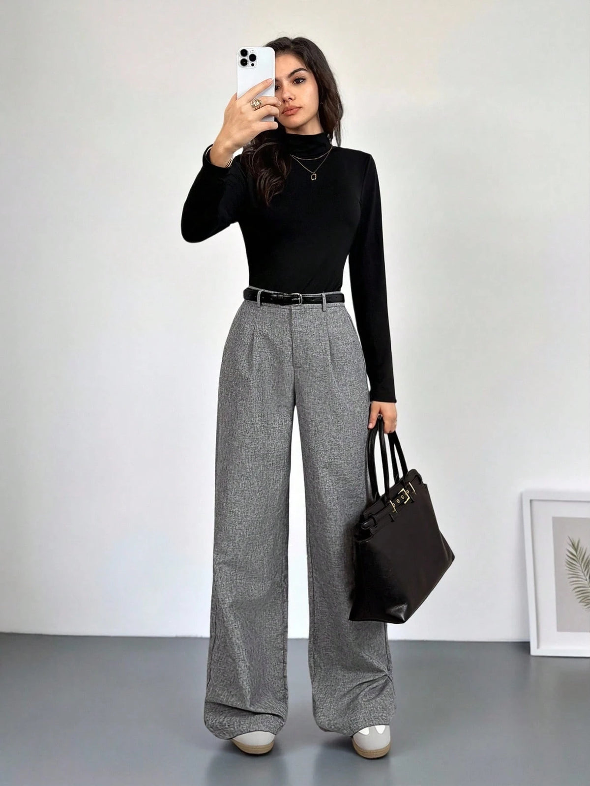 Tall Teacher Women Grey Winter Elegant Work Office Trousers, High Waisted Fold Pleated Wide Leg Pants With Pockets, Business Professional Loose Baggy Bottoms, Tall Women