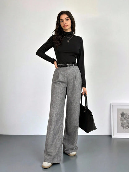 Tall Teacher Women Grey Winter Elegant Work Office Trousers, High Waisted Fold Pleated Wide Leg Pants With Pockets, Business Professional Loose Baggy Bottoms, Tall Women