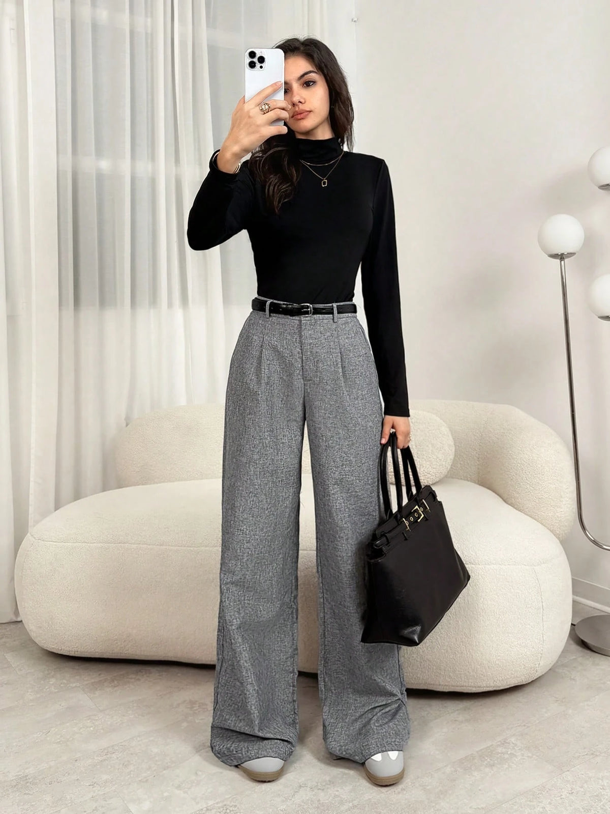 Tall Teacher Women Grey Winter Elegant Work Office Trousers, High Waisted Fold Pleated Wide Leg Pants With Pockets, Business Professional Loose Baggy Bottoms, Tall Women