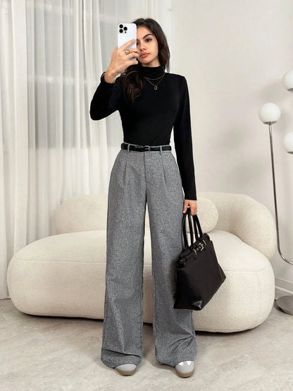 Tall Teacher Women Grey Winter Elegant Work Office Trousers, High Waisted Fold Pleated Wide Leg Pants With Pockets, Business Professional Loose Baggy Bottoms, Tall Women