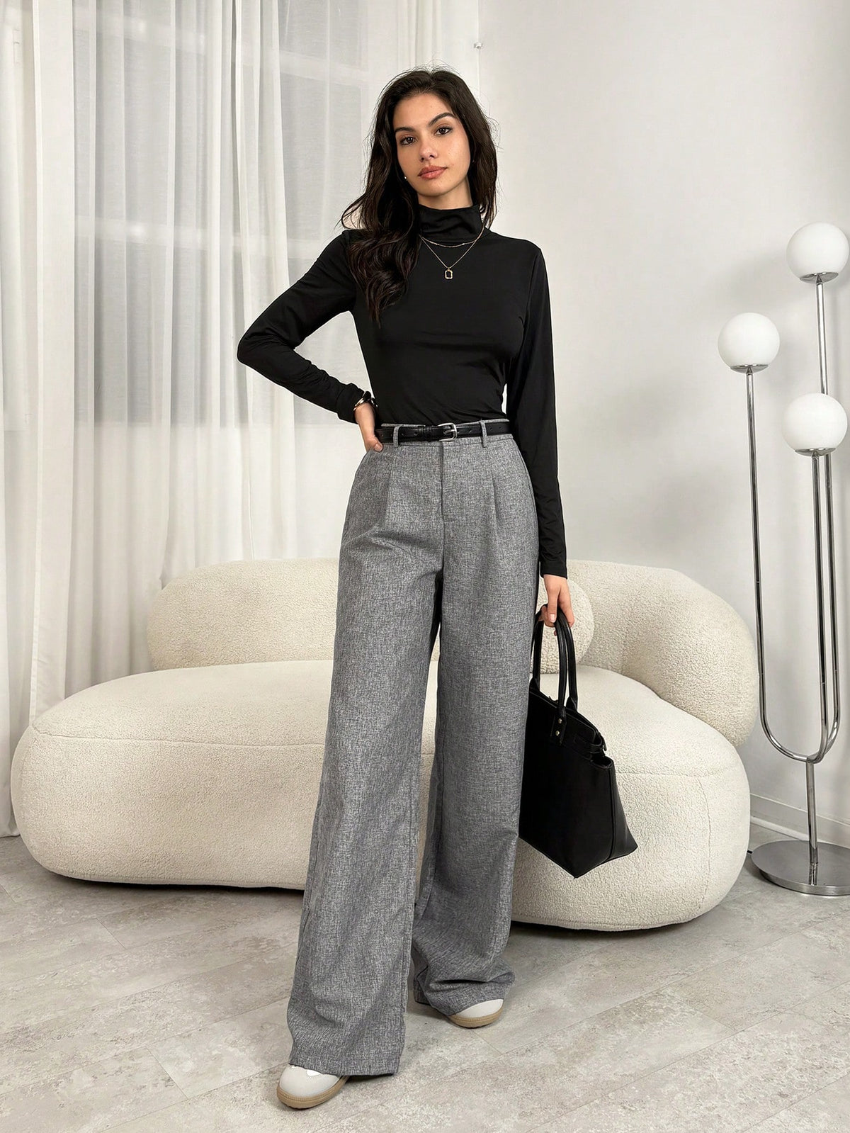 Tall Teacher Women Grey Winter Elegant Work Office Trousers, High Waisted Fold Pleated Wide Leg Pants With Pockets, Business Professional Loose Baggy Bottoms, Tall Women