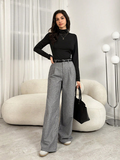 Tall Teacher Women Grey Winter Elegant Work Office Trousers, High Waisted Fold Pleated Wide Leg Pants With Pockets, Business Professional Loose Baggy Bottoms, Tall Women