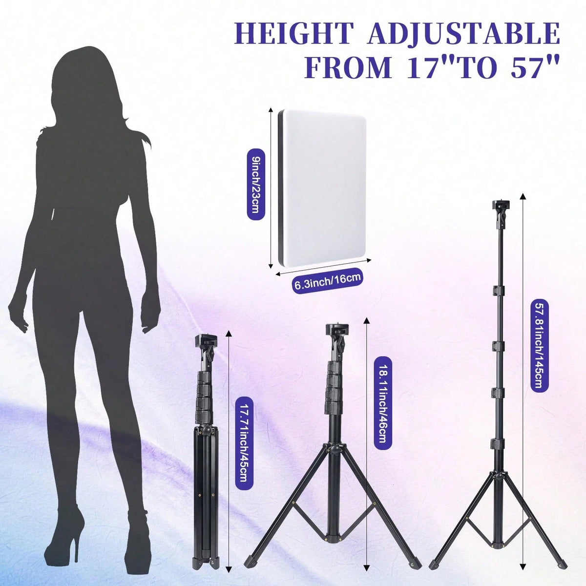 Tangle Free Large Size Mobile Phone Photography Accessories 10 Inch Professional LED Studio Spotlight With 130cm Adjustable Tripod Portable Square Light With Diffuser Panel 22.5x16cm 3 Color Mild Ultr