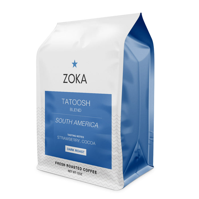 Zoka Tatoosh dark roast coffee bag with a white top and blue label on a white background.