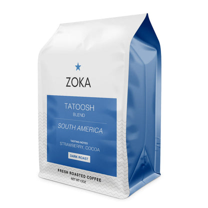 Zoka Tatoosh dark roast coffee bag with a white top and blue label on a white background.