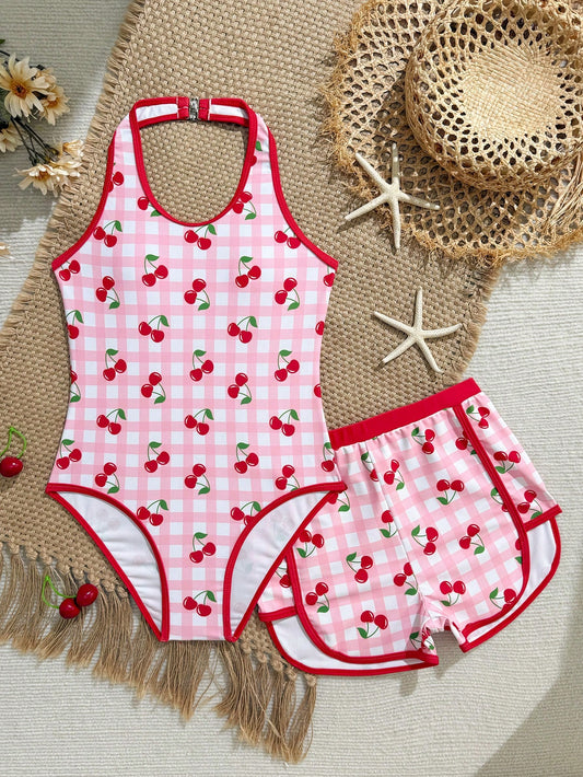 Teen Girl Plaid Cherry Print Halter One-Piece Swimsuit And Shorts, Suitable For Beach Vacation, Pool Party, Beach Party