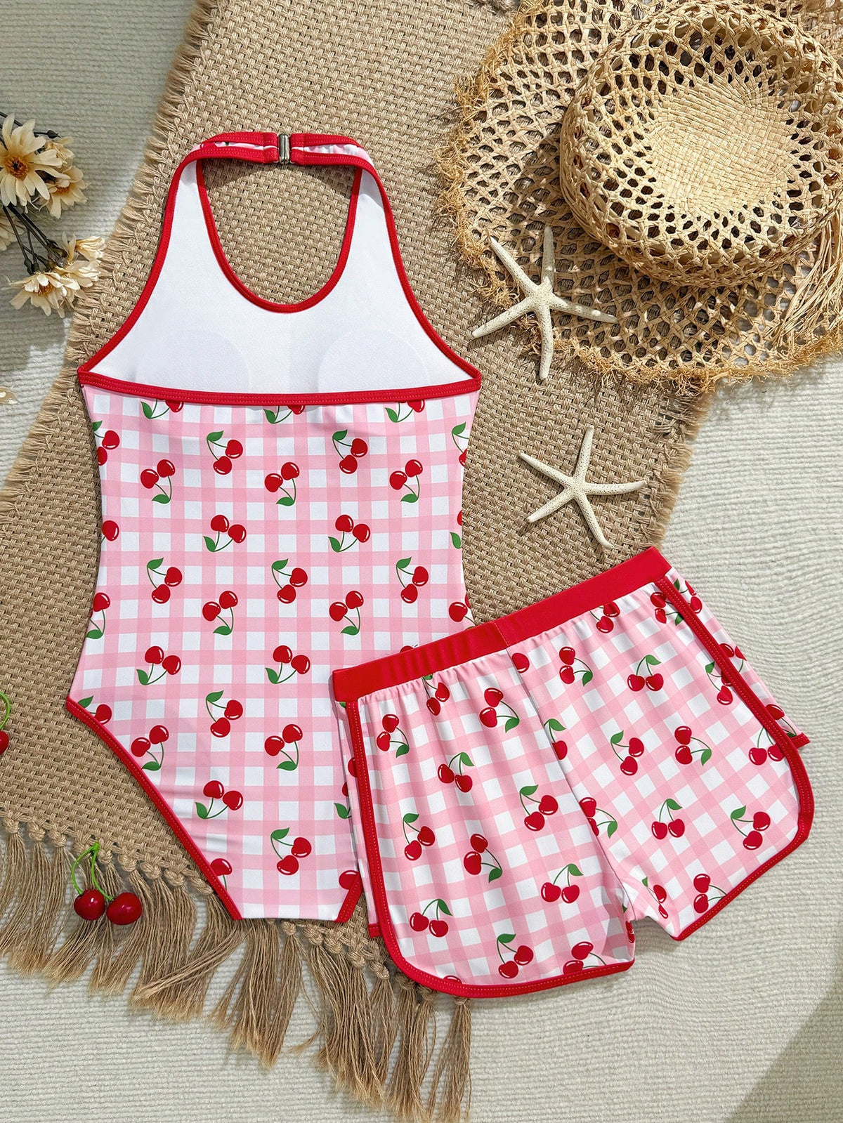 Teen Girl Plaid Cherry Print Halter One-Piece Swimsuit And Shorts, Suitable For Beach Vacation, Pool Party, Beach Party