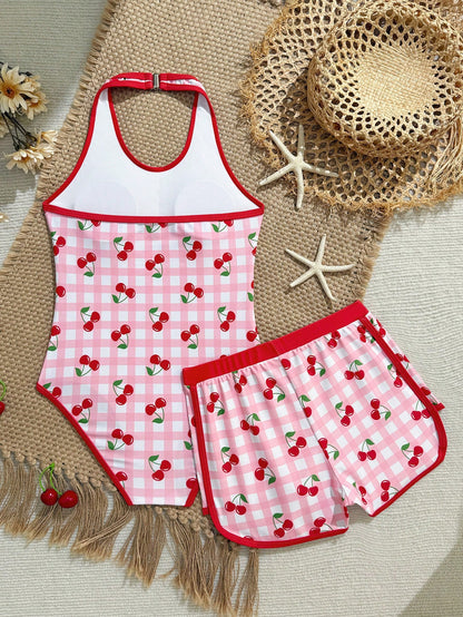 Teen Girl Plaid Cherry Print Halter One-Piece Swimsuit And Shorts, Suitable For Beach Vacation, Pool Party, Beach Party