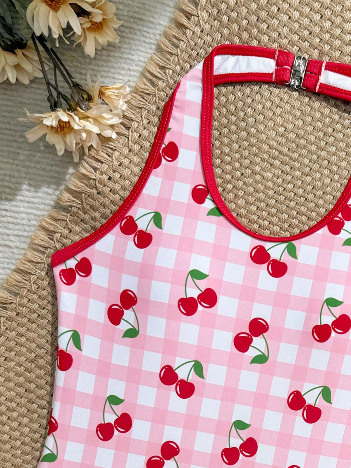 Teen Girl Plaid Cherry Print Halter One-Piece Swimsuit And Shorts, Suitable For Beach Vacation, Pool Party, Beach Party