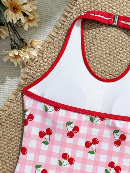 Teen Girl Plaid Cherry Print Halter One-Piece Swimsuit And Shorts, Suitable For Beach Vacation, Pool Party, Beach Party