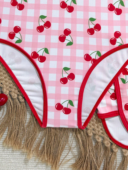 Teen Girl Plaid Cherry Print Halter One-Piece Swimsuit And Shorts, Suitable For Beach Vacation, Pool Party, Beach Party