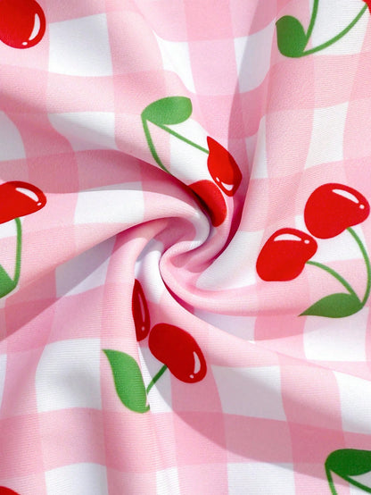 Teen Girl Plaid Cherry Print Halter One-Piece Swimsuit And Shorts, Suitable For Beach Vacation, Pool Party, Beach Party