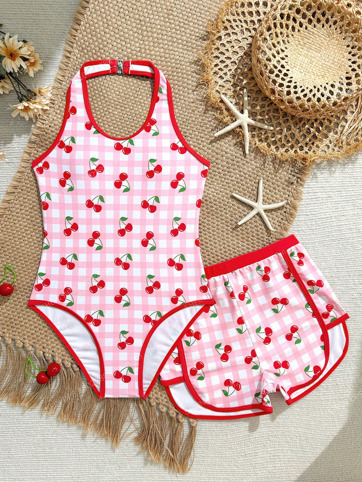 Teen Girl Plaid Cherry Print Halter One-Piece Swimsuit And Shorts, Suitable For Beach Vacation, Pool Party, Beach Party