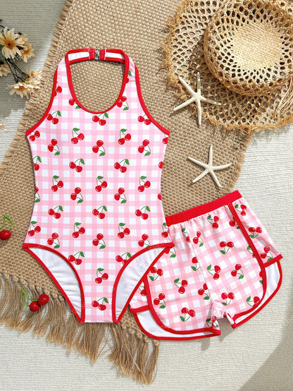 Teen Girl Plaid Cherry Print Halter One-Piece Swimsuit And Shorts, Suitable For Beach Vacation, Pool Party, Beach Party