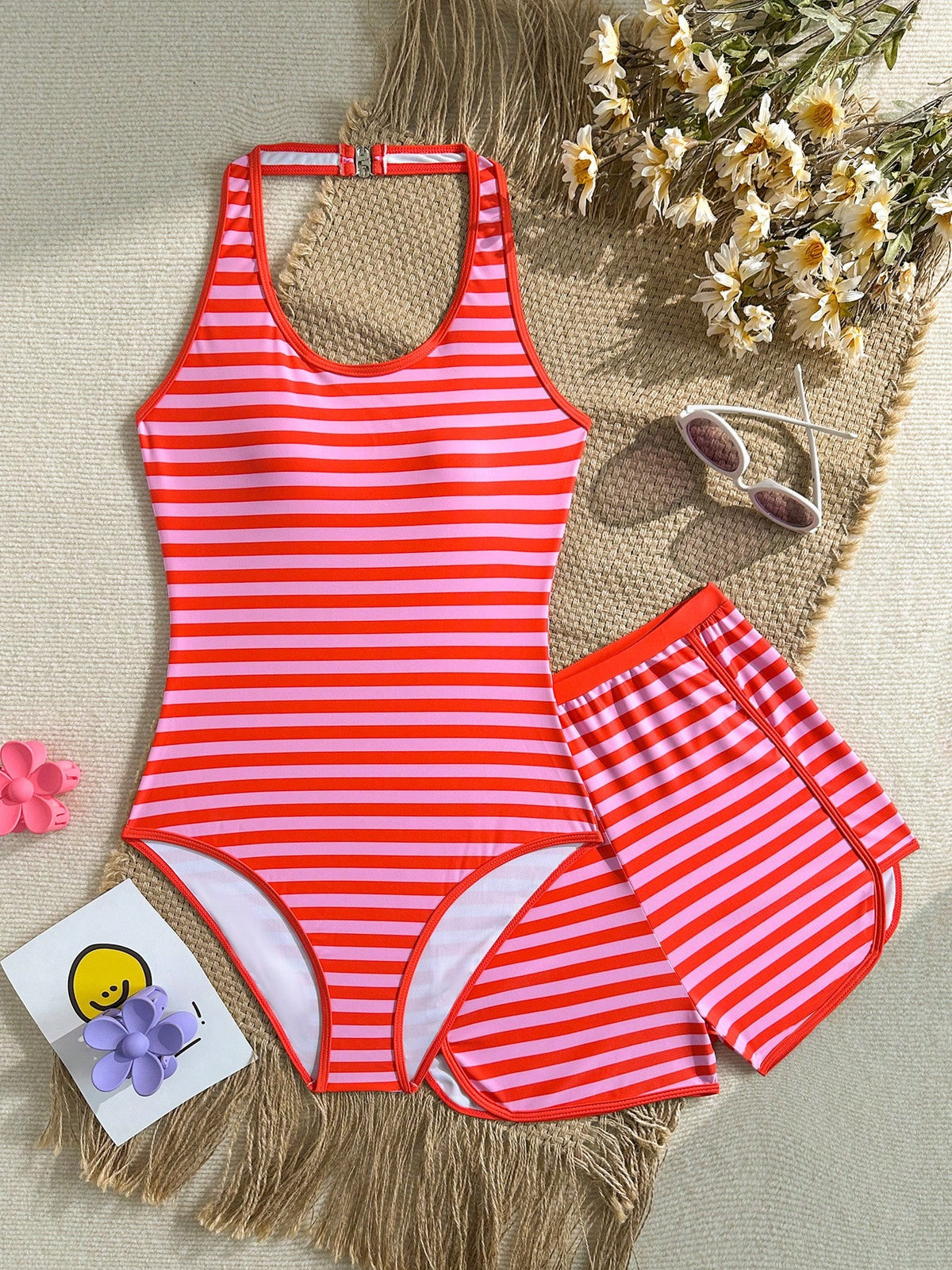 Teen Girl Plaid Cherry Print Halter One-Piece Swimsuit And Shorts, Suitable For Beach Vacation, Pool Party, Beach Party
