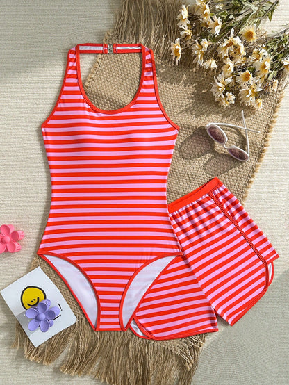Teen Girl Plaid Cherry Print Halter One-Piece Swimsuit And Shorts, Suitable For Beach Vacation, Pool Party, Beach Party