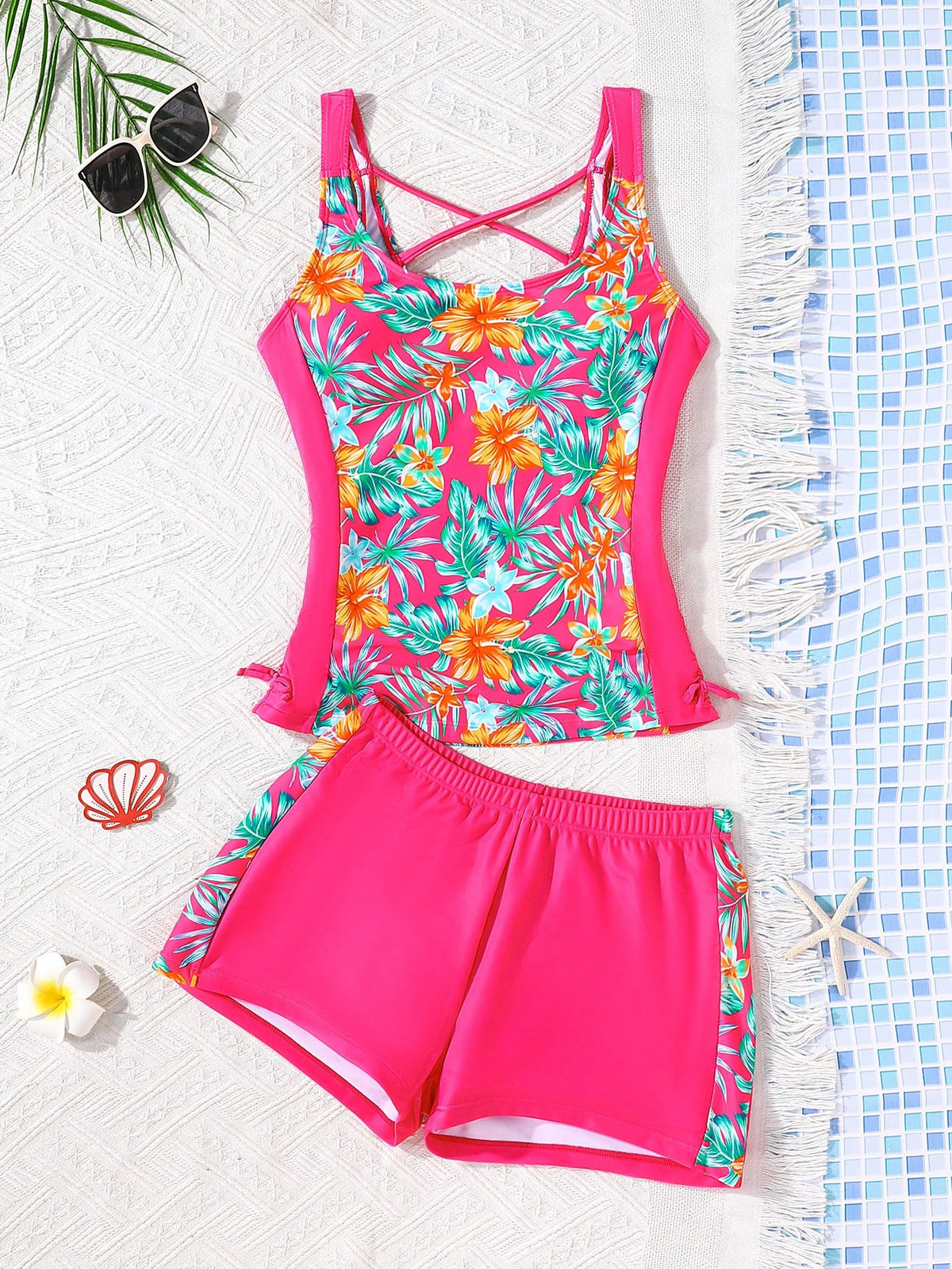 Teen Girl Slim Fit Casual Minimalist Comfortable Sporty Round Neck Sleeveless Side Tie Swimsuit Set Teen Girl