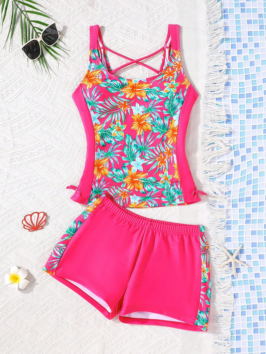 Teen Girl Slim Fit Casual Minimalist Comfortable Sporty Round Neck Sleeveless Side Tie Swimsuit Set Teen Girl