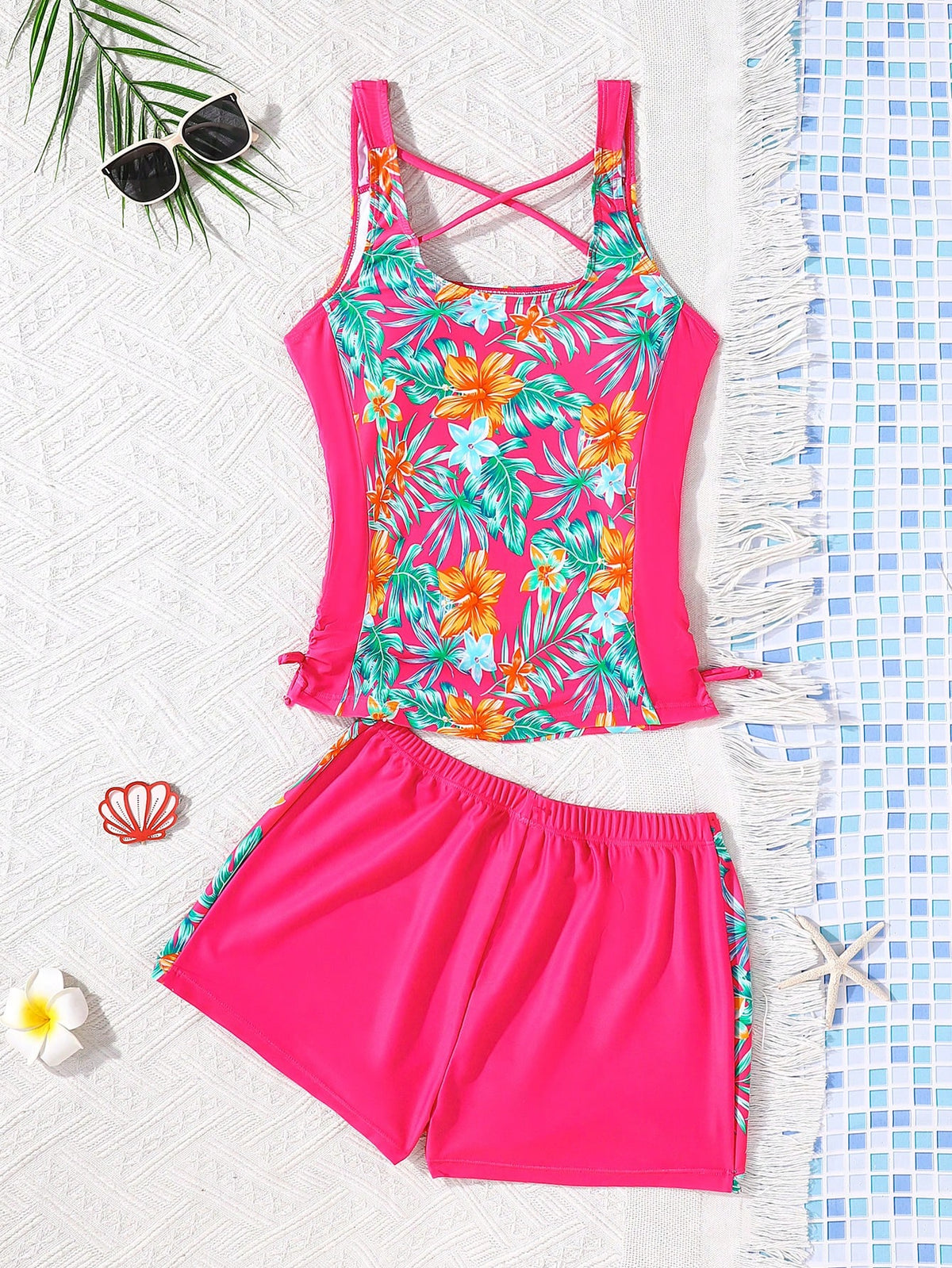 Teen Girl Slim Fit Casual Minimalist Comfortable Sporty Round Neck Sleeveless Side Tie Swimsuit Set Teen Girl