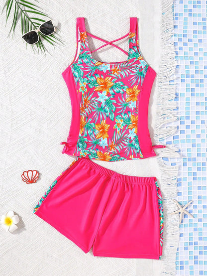 Teen Girl Slim Fit Casual Minimalist Comfortable Sporty Round Neck Sleeveless Side Tie Swimsuit Set Teen Girl