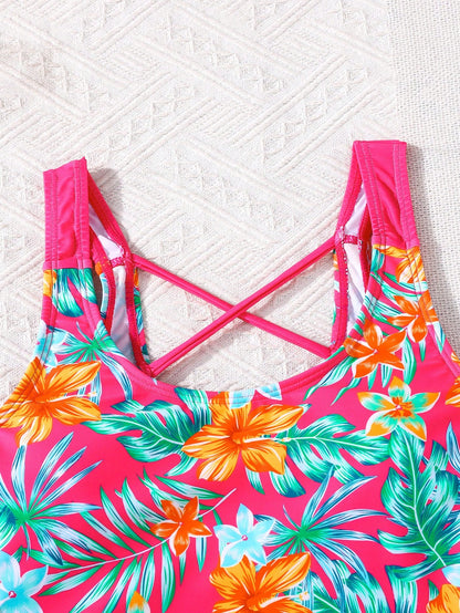 Teen Girl Slim Fit Casual Minimalist Comfortable Sporty Round Neck Sleeveless Side Tie Swimsuit Set Teen Girl