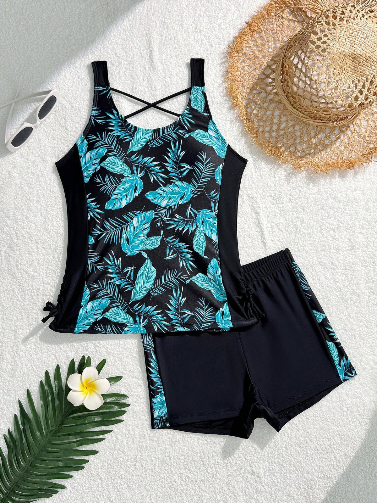 Teen Girl Slim Fit Casual Minimalist Comfortable Sporty Round Neck Sleeveless Side Tie Swimsuit Set Teen Girl