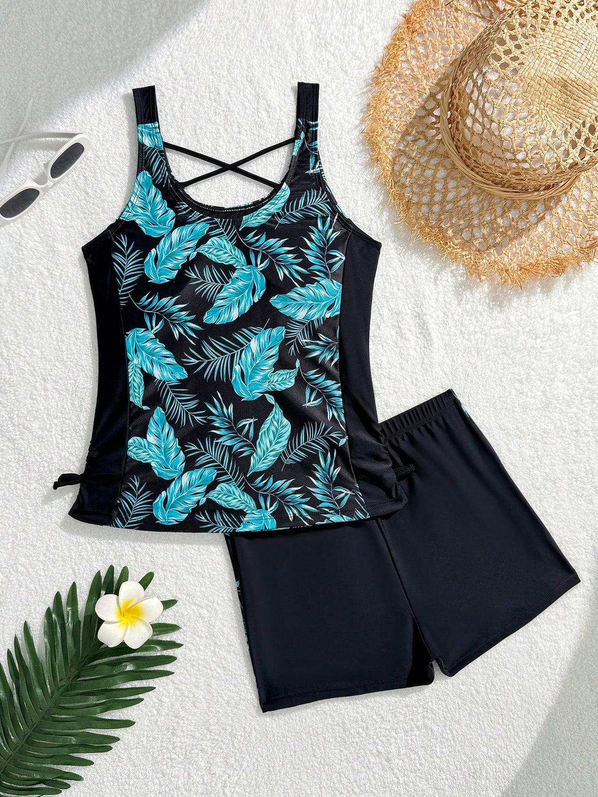 Teen Girl Slim Fit Casual Minimalist Comfortable Sporty Round Neck Sleeveless Side Tie Swimsuit Set Teen Girl
