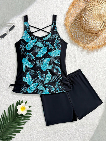 Teen Girl Slim Fit Casual Minimalist Comfortable Sporty Round Neck Sleeveless Side Tie Swimsuit Set Teen Girl